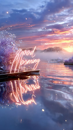 Magical Good Morning Neon Sunrise Over Misty Lake for Wellness Apps and Motivational Postersの素材