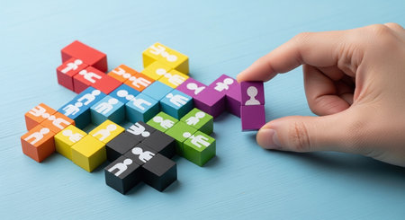 Hand placing purple puzzle piece completing colorful teamwork collaboration conceptの素材