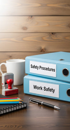 Professional Workplace Safety Procedures and Work Safety Binders on a Desk.の素材