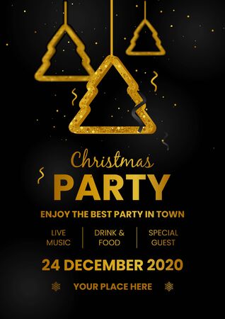 Party poster Merry Christmas holiday club invitation with gold ornament decoration of golden ball and gold glitter on luxury black backgroundのイラスト素材