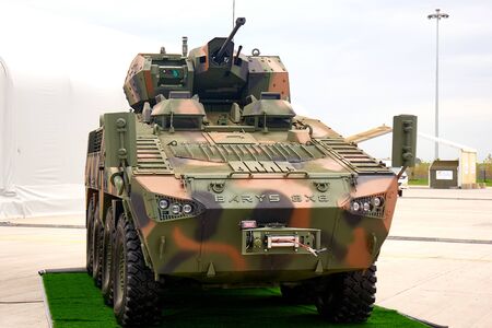 Astana, Kazakhstan - May 25, 2018: Barys Mbombe 8X8 mine-protected armoured personnel carrier by Kazakhstan Paramount Engineering KPE at the KADEX exhibition