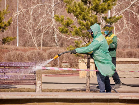 Karaganda, Kazakhstan - 1nd April, 2020 - Meticulous disinfection and decontamination on the streets...