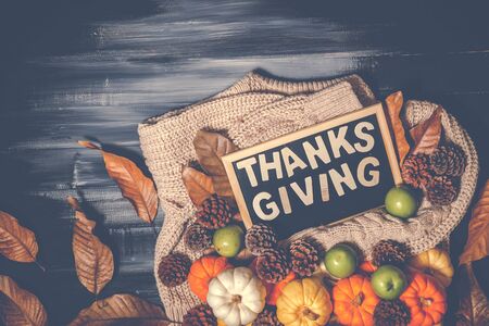 Top view of Thanksgiving concepts on dark background, orange pumpkin, yellow pumpkin, white pumpkin, Knitting sweater, pinecone,  dry leaves and writing Thanksgiving on black board with copy space for text.の写真素材