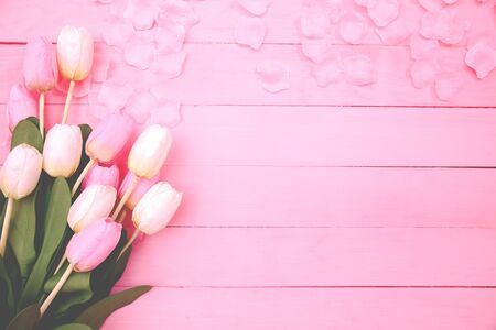 Beautiful tulips on pink background, top view, frame, border. Lovely greeting card with tulips for Mothers day, wedding or happy event concepts. Copy space for text.の写真素材