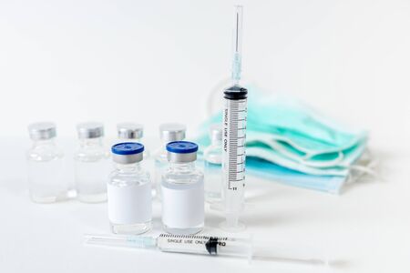 Vaccine and syringe injection. It use for prevention, immunization and treatment from corona virus infection(novel coronavirus disease 2019,COVID-19,nCoV 2019). Medicine infectious concept.の写真素材