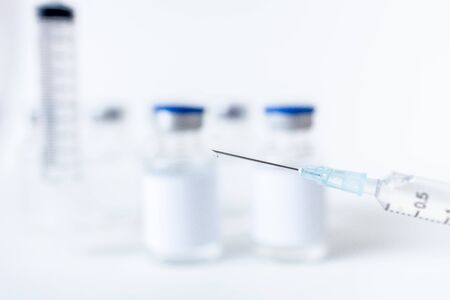 Vaccine and syringe injection. It use for prevention, immunization and treatment from corona virus infection(novel coronavirus disease 2019,COVID-19,nCoV 2019). Medicine infectious concept.の写真素材
