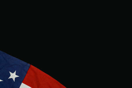 Close up of waving national usa american flag on black background with copy space for text.