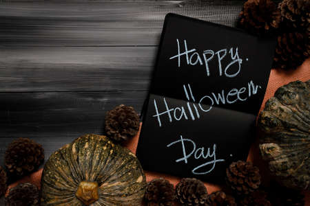 Top view of Halloween day. Halloween background with black animal paper. Festive concepts.の写真素材