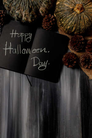 Top view of Halloween day. Halloween background with black animal paper. Festive concepts.の写真素材