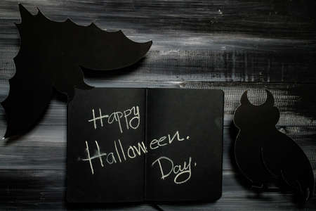 Top view of Halloween day. Halloween background with black animal paper. Festive concepts.の写真素材
