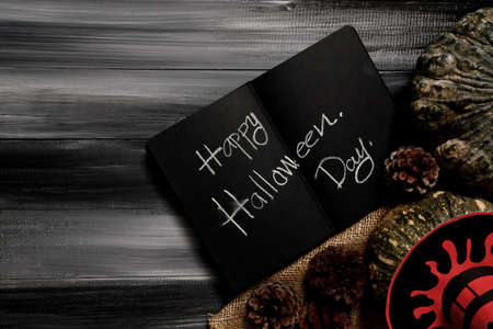 Top view of Halloween day. Halloween background with black animal paper. Festive concepts.の写真素材