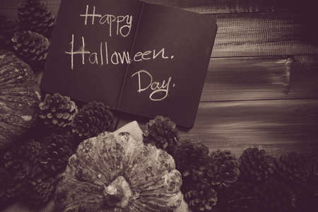 Fall Thanksgiving and Halloween pumpkins, leaves, acorn squash over dark wood table background shot from directly above.の写真素材