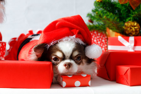 Two chihuahua dogs wearing a red christmas santa costume looks at camera. isolated on white background.の写真素材