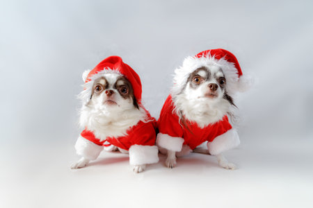 Two chihuahua dogs wearing a red christmas santa costume looks at camera. isolated on white background.の写真素材