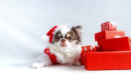 Chihuahua dog wearing a red christmas santa costume with gift box and looks at camera. isolated on white background.の写真素材