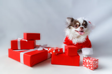Chihuahua dog wearing a red christmas santa costume with gift box and looks at camera. isolated on white background.の写真素材