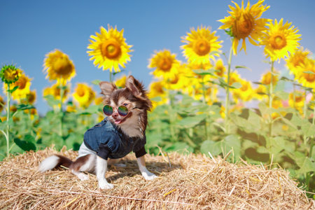 A dog in the sunflowers field on a sky blue background, Beautiful lanscepe in asia.の写真素材