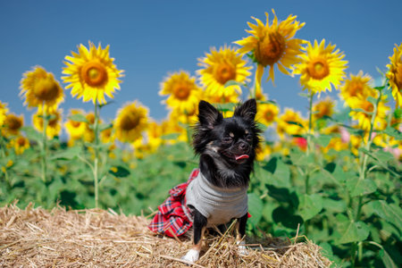 A dog in the sunflowers field on a sky blue background, Beautiful lanscepe in asia.の写真素材