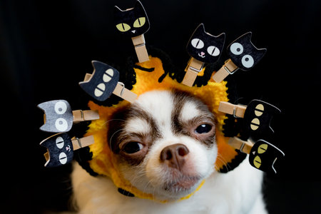 Adorable chihuahua dog wearing a Halloween witch hat and holding a pumpkin on dark background. Happy Halloween Day.の写真素材