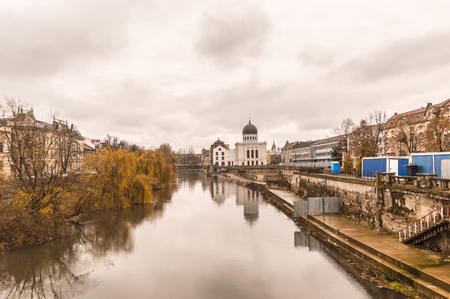 River Crisul Repede in Oradea. Late autumn. Cloudy day. Romaniaの写真素材