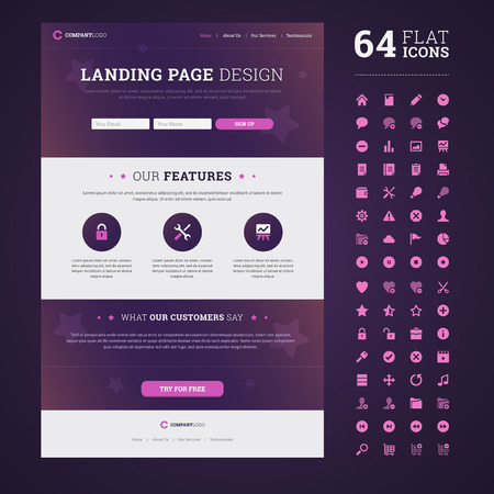 One page design landing page with set of 64 high quality flat icons.のイラスト素材