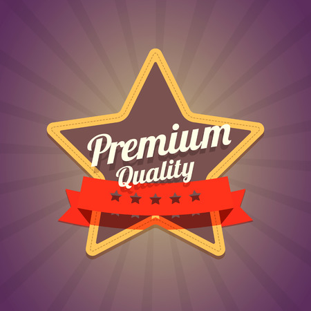 Badge with star and premium quality label on dark background with rays. Vector illustration.のイラスト素材