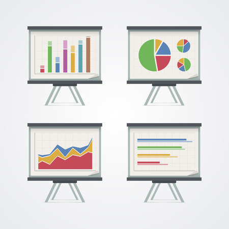 Set of presentation boards with pie charts, diagram and graphs. Vector illustration.のイラスト素材
