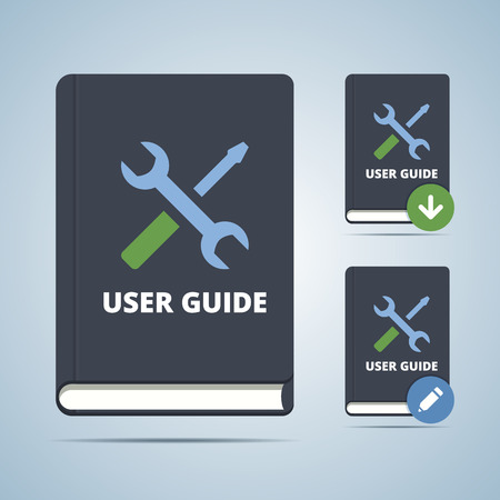 User guide manual book illustration in flat style with settings icon and download edit modofications.のイラスト素材
