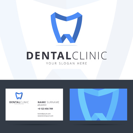 Logo and business card template for dental clinic. Dental logo with tooth sign. Origami, ribbon log. Scalable vector dentist logo. Two sided business card with company logo and slogan.のイラスト素材