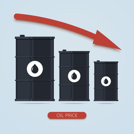 Oil barrel price falls down chart. Petroleum infographic. Oil market trend. Flat barrel of oil illustration. World price of petroleum, oil infographic. Vector illustration in flat styleのイラスト素材