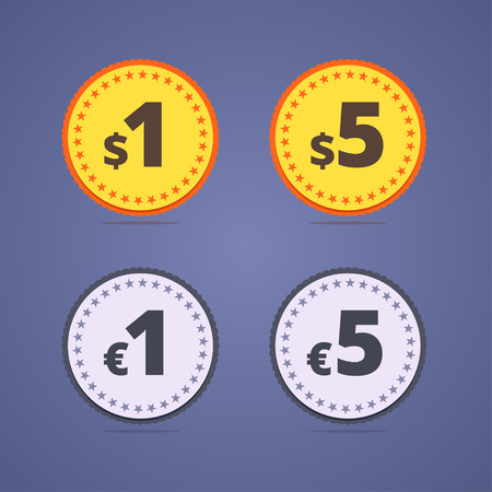 One dollar medal, coin. Five dollars medal. One euro coin. Five euros coin. Gold and silver coin medals with dollar and euro and stars. illustrations in flat style.のイラスト素材