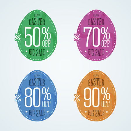 Happy Easter sale coupons. Big Easter sale coupons. Scissors cutting through coupons dotted line. Happy easter sale coupons with 50, 70, 80, 90 percents off with scissors. illustration in flat style.のイラスト素材