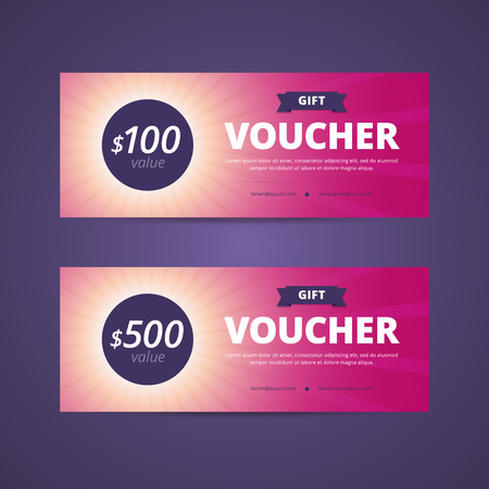 Gift vouchers with 100 and 500 dollars value. Sunlight background with rays. Vector illustration for print or web project.のイラスト素材