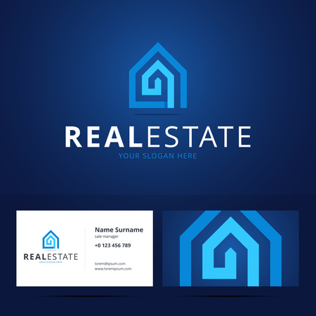 Real estate icon and business card template. House sign in flat, origami style with overlapping effect.のイラスト素材
