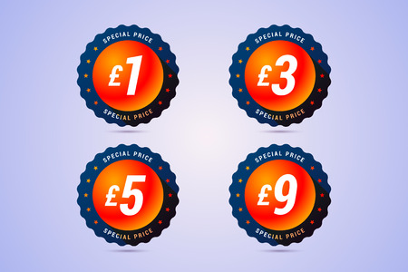 Special price labels, coins with 1, 3, 5 and 9 Great Britain Pounds. Vector illustration in modern gradient style.のイラスト素材