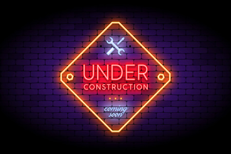 Under Construction sign in trendy neon style on the brick wall. Realistic neon effect for temporary site page. Vector illustration.