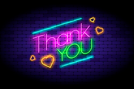 Thank you phrase and hearts on the wall in neon style.の写真素材