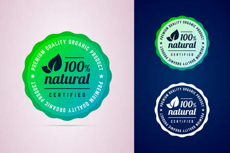 100 percents natural certified product round badge. The premium quality product. Vector badge in trendy gradient style in three color variants for eco, green, natural products.のイラスト素材