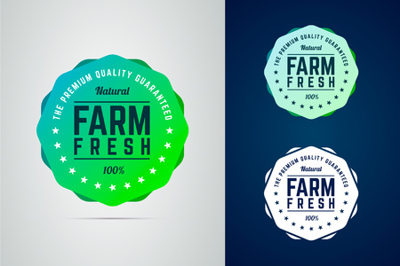 Farm fresh round badge. The premium quality product. Vector badge in trendy gradient style in three color variants for eco, green, natural products.のイラスト素材