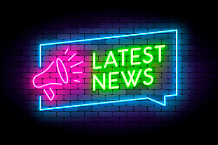Latest news neon illustration on the wall with megaphone sign anの写真素材
