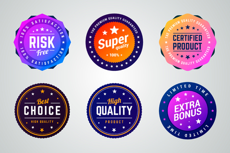 Set of colorful vector badges. Risk free, super quality, certified product, best choice, high quality and extra bonus badges.のイラスト素材