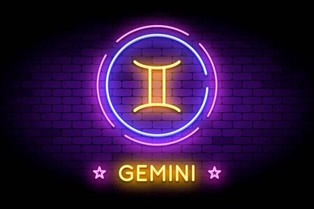 The Gemini zodiac symbol, horoscope sign in trendy neon style on a wall.のイラスト素材