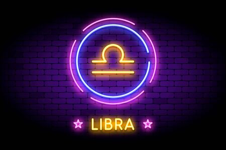 The Libra zodiac symbol, horoscope sign in trendy neon style on a wall.のイラスト素材