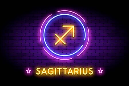 The Sagittarius zodiac symbol, horoscope sign in trendy neon style on a wall. Sagittarius astrology sign with light effects for web or print.のイラスト素材