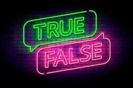 True and false neon sign with speech bubbles on a brick wall. Vector illustration for facts or myths.のイラスト素材
