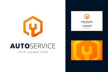 Business card template for auto, repair services, system administrators, car service.s Vector illustration with wrench sign in origami, overlapping style.のイラスト素材