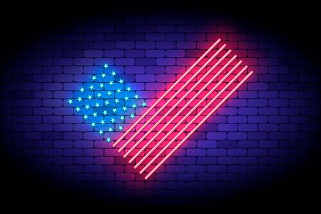 Vote America. Neon vector illustration with united states flag elements for voting on the president election. Glowing neon USA flag like a checkmark.のイラスト素材