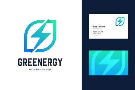 Business card template with leaf and lightning sign. Vector illustration in origami, gradient style for green energy, eco companies.のイラスト素材