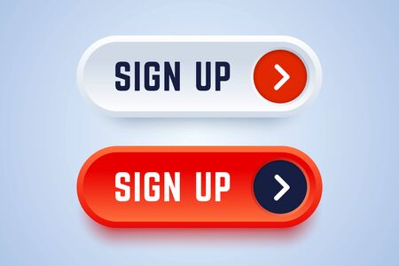 Sign up buttons in 3d style with arrow sign. Red and white buttons to follow and subscribe to news or service. Vector illustration.のイラスト素材