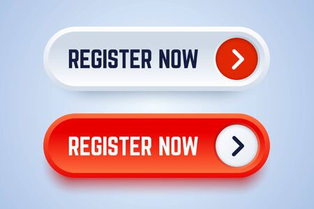Register now buttons in two options with an arrow. White and red colors. Vector button for registration in services, blogs, websites.のイラスト素材